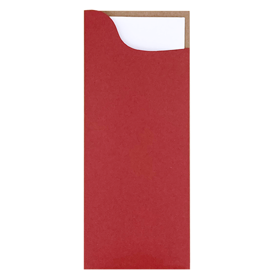 Pochette  couverts, Kraft impression rouge, serviette Ouate Blanche 28x40 cm